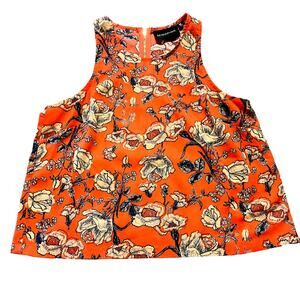 Mini Floral Print Sleeveless Round Neck Blouse Boho Casual Orange Women's M